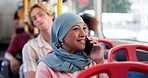 Phone call, bus and muslim woman talk for travel, journey and morning commute. Islam, public transport and person on mobile for conversation, communication and happy passenger with story or news