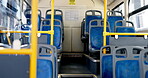 City, bus and public transport with empty seats for commute, travel and urban excursion. Metro service, vehicle and interior for journey, location stop and driving in traffic with tourism or corridor