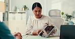 Woman, doctor and brain scan in tablet for neurology report, brain tumor and radiology results. People, digital and explaining xray for examination, medical diagnosis and cancer analysis of treatment