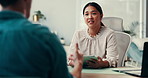 Woman, doctor and patient with tablet in office for medical report, symptoms checklist and treatment. Person, consultation and digital for healthcare record, results update and feedback for diagnosis