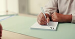 Hands, person and doctor writing of prescription for medical report, results script and referral letter. Woman, form and sick note for patient, medicine dosage and healthcare information of diagnosis