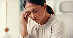 Business, woman and pain of headache in office for project deadline, work pressure and brain fog. Professional, employee and migraine with tension, discomfort and overwhelmed with burnout or stress