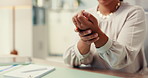 Business, woman and hands with wrist pain in office from muscle ache, joint sprain or carpal tunnel syndrome. Accountant, employee and inflammation with massage, discomfort or medical injury at desk