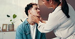 Healthcare, man and doctor in office, consultation and help with stethoscope, wellness and talking. People, medical exam and professional in hospital, checkup and patient with pain and conversation 