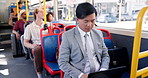Bus, people and man with laptop, business and internet with public transportation, morning and travel. Employee, passengers and consultant with city service, computer and email with website info