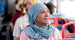 Hijab, woman and thinking for commute on bus, reflection or memory with mature passenger on public transportation. Travel, journey or trip in city with Muslim female person thoughtful on drive