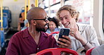 Men, friends and travel with phone on bus for communication, social media and public transport. People, laughing and mobile for reading funny blog, commute schedule and notification with chat update