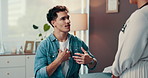 Healthcare, man and doctor with consultation, explain and help with discussion, wellness and asthma. People, medical exam and professional in clinic, checkup and patient with conversation and advice