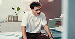 Man, patient and doctor on tablet for results, report and advice with reading for progress at hospital. People, medic and touchscreen for application, help and wellness with notification at clinic