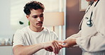 Man, patient and doctor with oximeter for pulse, finger or circulation with medical support for wellness. Person, medic and clip for oxygen level in blood, test and assessment at healthcare clinic