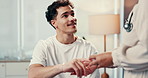 Man, patient and doctor with oximeter for results, pulse or circulation with medical support for wellness. Person, medic and smile for oxygen level in blood, test and assessment at healthcare clinic