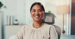 Woman, doctor and smile on face in office at hospital with pride, confident and medical career. Person, happy and portrait for healthcare services, job and consultation at wellness clinic in Cambodia