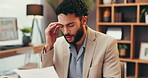 Businessman, stress and headache with documents in home office for trial evidence mistake and legal research. Remote work, lawyer and overwhelmed for workload pressure, tension migraine and massage