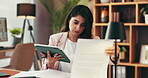 Reading, tablet and documents with woman in home office for virtual assistant, paperwork and networking. Feedback, administration and proposal schedule with person for information and research