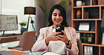 Remote work, phone and smile with woman in home office for virtual assistant, client report and networking. Feedback, administration and proposal schedule with person for planning and research