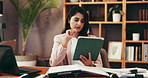 Remote work, tablet and thinking with woman in home office for virtual assistant, reflection and networking. Feedback, administration and proposal schedule with person for idea, vision and research
