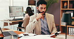 Businessman, lawyer and thinking with documents for legal advice, case or lawsuit at office desk. Man, thoughtful employee or attorney writing with paperwork for policy, regulations or testimonial