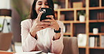 Remote work, phone and laughing with woman in home office for virtual assistant, funny email or networking. Feedback, administration and proposal schedule with person for joke newsletter and research