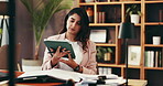 Remote work, tablet and documents with woman in home office for virtual assistant, paperwork and networking. Feedback, administration and proposal schedule with person for information and research
