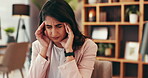 Business, woman and stress with headache in home office for project deadline, workload pressure or tension. Remote work, person or migraine with pain, burnout and overworked with brain fog or fatigue