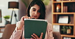 Remote work, thinking and business woman on tablet in home office for planning law case or research. Digital technology, typing and freelance lawyer problem solving, idea and legal evidence for trial