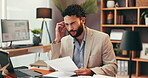 Businessman, laptop and headache with documents in home office for law case stress and planning legal research. Remote work, lawyer and overwhelmed at desk for workload pressure and tension migraine