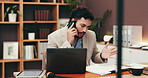 Business, phone call and man in office, documents and communication with sales expert. Person, employee and consultant in workplace, cellphone and connection with feedback report, talking or schedule