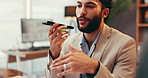 Businessman, talking and communication with phone speaker for voice note or discussion at office. Man, employee or financial advisor with mobile smartphone for conversation, app or audio message