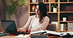 Documents, financial planner and business woman with laptop for research, report and proposal. Professional, finance consultant and person search paperwork for planning, budget review and information