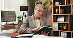 Remote work, mature and business woman on tablet in home office for planning law case or research. Digital technology, communication and scroll with freelance attorney with legal evidence for trial