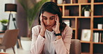 Business, woman and pain with headache in home office for workload pressure, tension and brain fog. Remote work, employee and migraine with stress, burnout and overwhelmed with crisis and mistake