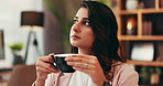 Thinking, coffee and businesswoman in office with ideas, planning or brainstorming for project. Decision, cappuccino and female magazine editor in morning with choice for publishing in workplace.