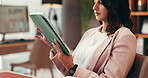 Remote work, tablet and scroll with woman in home office for virtual assistant, client report and networking. Feedback, administration and proposal schedule with person for planning and research