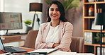 Happy woman, face and laptop with confidence at office for career pride, law or order. Portrait, female person or lawyer with smile, arms crossed or computer for legal advice or justice at workplace