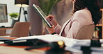 Reading, tablet and remote work with woman in home office for virtual assistant, documents and networking. Feedback, administration and proposal schedule with person for information and research