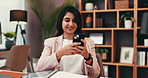 Remote work, phone and business woman in home office for law case, research or text client. Mobile, online and typing on app with happy freelance attorney, communication or message for legal evidence