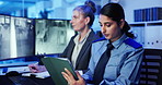 Women, security and tablet with talk by screen for writing, planning and strategy for surveillance. People, computer monitor and alert for danger on application, advice and notes for safety services