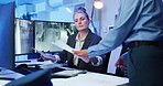 Women, security guard and documents at office by screen for review, planning or surveillance strategy. People, paperwork and mentor with feedback in discussion, advice and notes for safety services