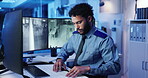 Security guard, typing and man with computer, office and service for safety with surveillance and system. Night, law enforcement and person with tech for inspection, screen or serious in control room