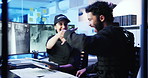 Teamwork, security guard and people with success, fist bump and cctv in night shift for safety goals. Surveillance, camera footage, happy and friends with handshake in control room for protection