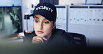 Stress, surveillance and thinking with woman in control room for for monitoring, safety or security. CCTV, mistake and problem solving with police officer at headquarters for law enforcement
