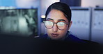 Security guard, surveillance and woman on computer for cctv, observation or duty at night. Officer, monitor station and technology in control room with footage for safety, watch video and protection