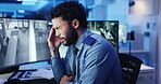 Tired, security guard or man with headaches or cctv screen in night or late shift for safety or video surveillance. Stress, digital monitor and person with migraine in control room for protection