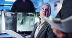 Computer screen, documents and feedback with people in CCTV control room for safety or security. Live feed, report and surveillance with police officer team at headquarters for law enforcement