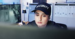Security guard, cctv and woman on computer for safety, duty or observation at night. Officer, monitor station and technology in control room with footage for surveillance, watch video and protection