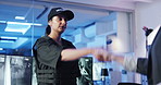 Woman, security and handshake in office for hiring with paperwork, guard and people. Night shift, shaking hands and agreement for cctv deal, secret contract or safety partnership for surveillance