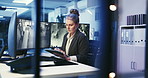 Computer screen, footage and tablet with woman in CCTV control room for safety or security. Live feed, monitoring and video surveillance with government worker at headquarters for law enforcement