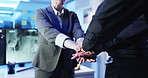 Hands, security guard and group in office, support and collaboration with positive feedback. Employees, closeup and people in workplace, surveillance and safety with partnership and protection