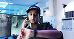 Time, security guard or woman with phone call or cctv screen in night shift for safety or video surveillance. Camera footage, watch and person with mobile communication in control room for protection
