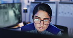 Security guard, surveillance and woman on computer for safety, duty or confused at night. Officer, monitor station and technology in control room with footage for cctv, watch video and protection